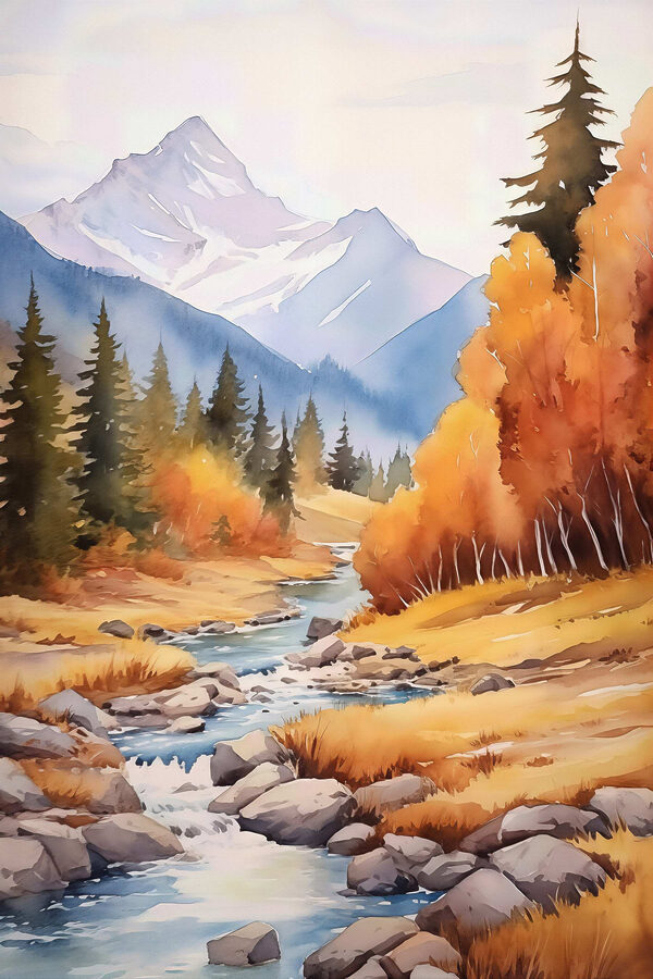 Watercolor painting of a river running through a forest