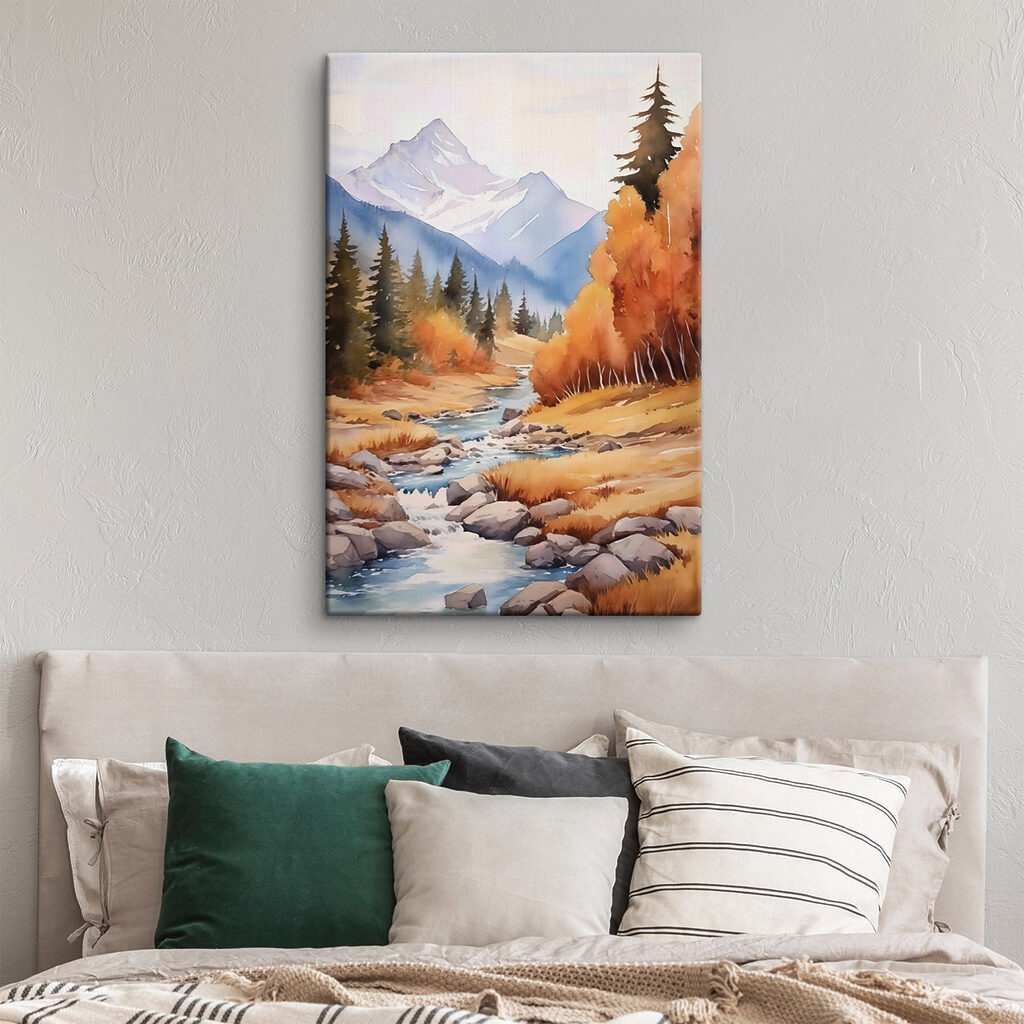 Watercolor painting of a river running through a forest