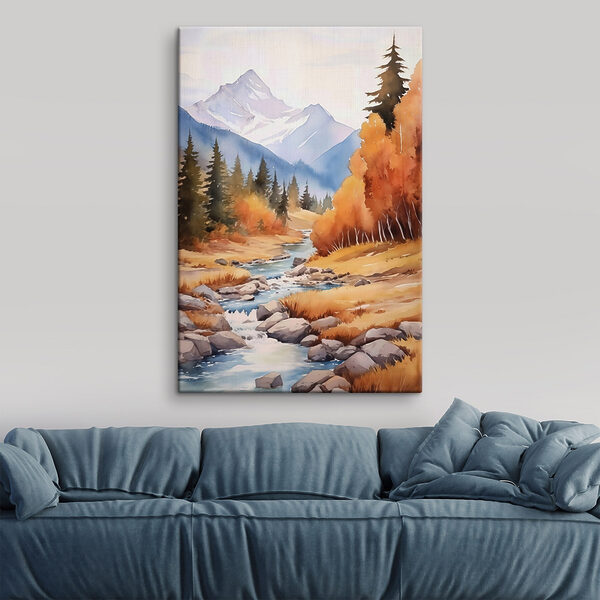 Watercolor painting of a river running through a forest