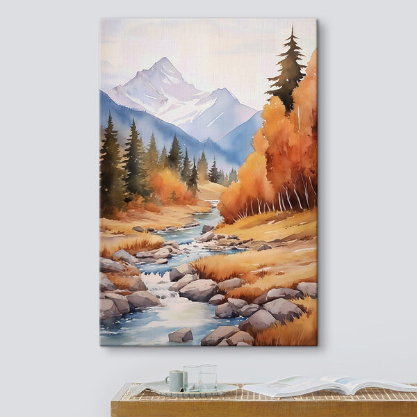 Watercolor painting of a river running through a forest
