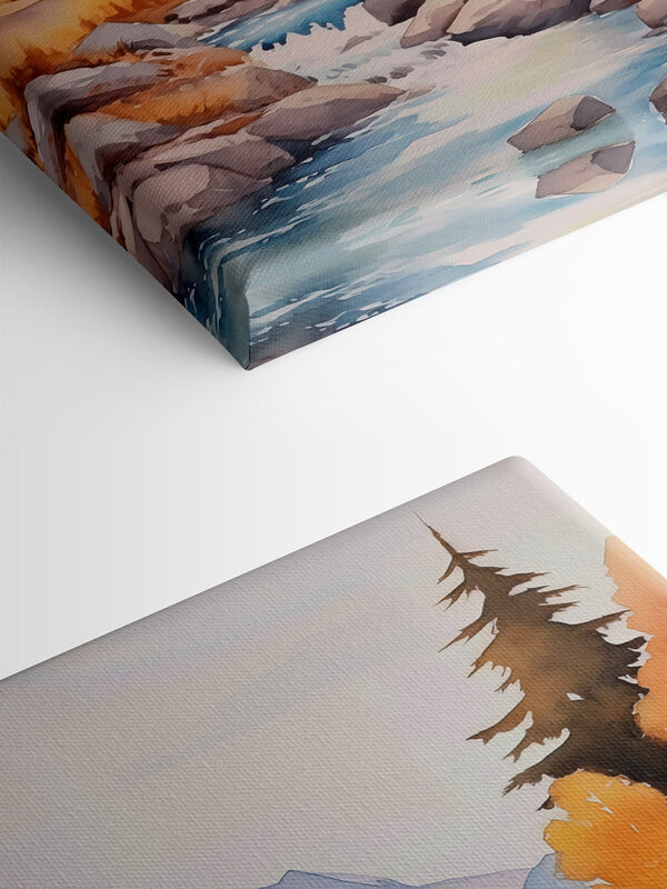 Watercolor painting of a river running through a forest