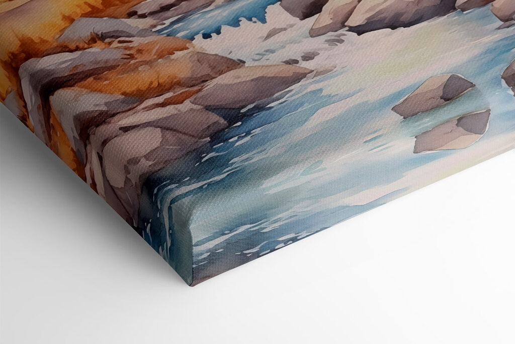 Watercolor painting of a river running through a forest