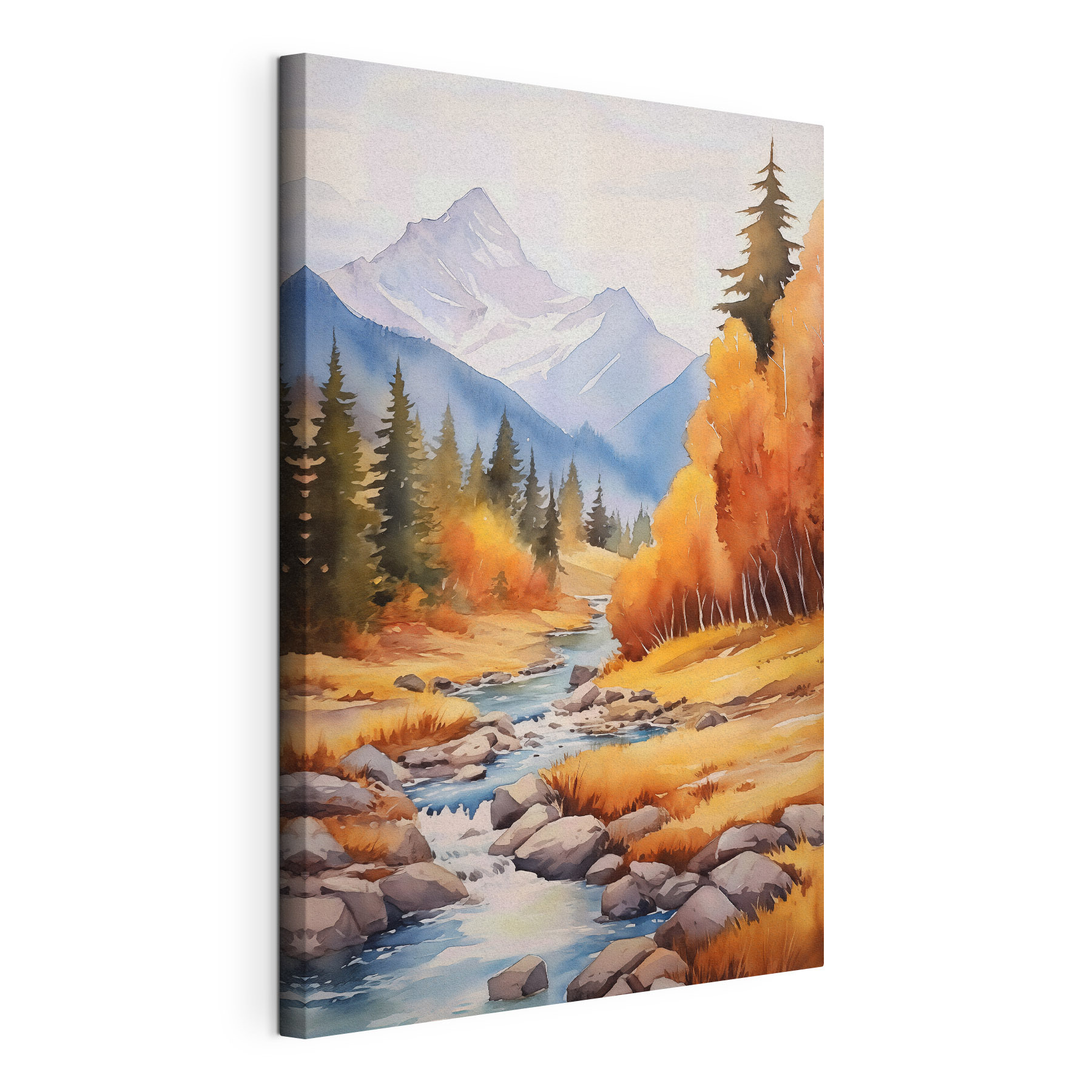 Watercolor painting of a river running through a forest