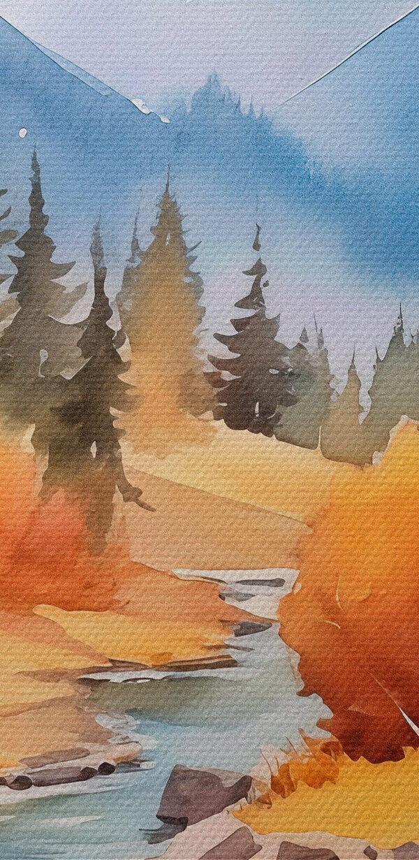 Watercolor painting of a river running through a forest