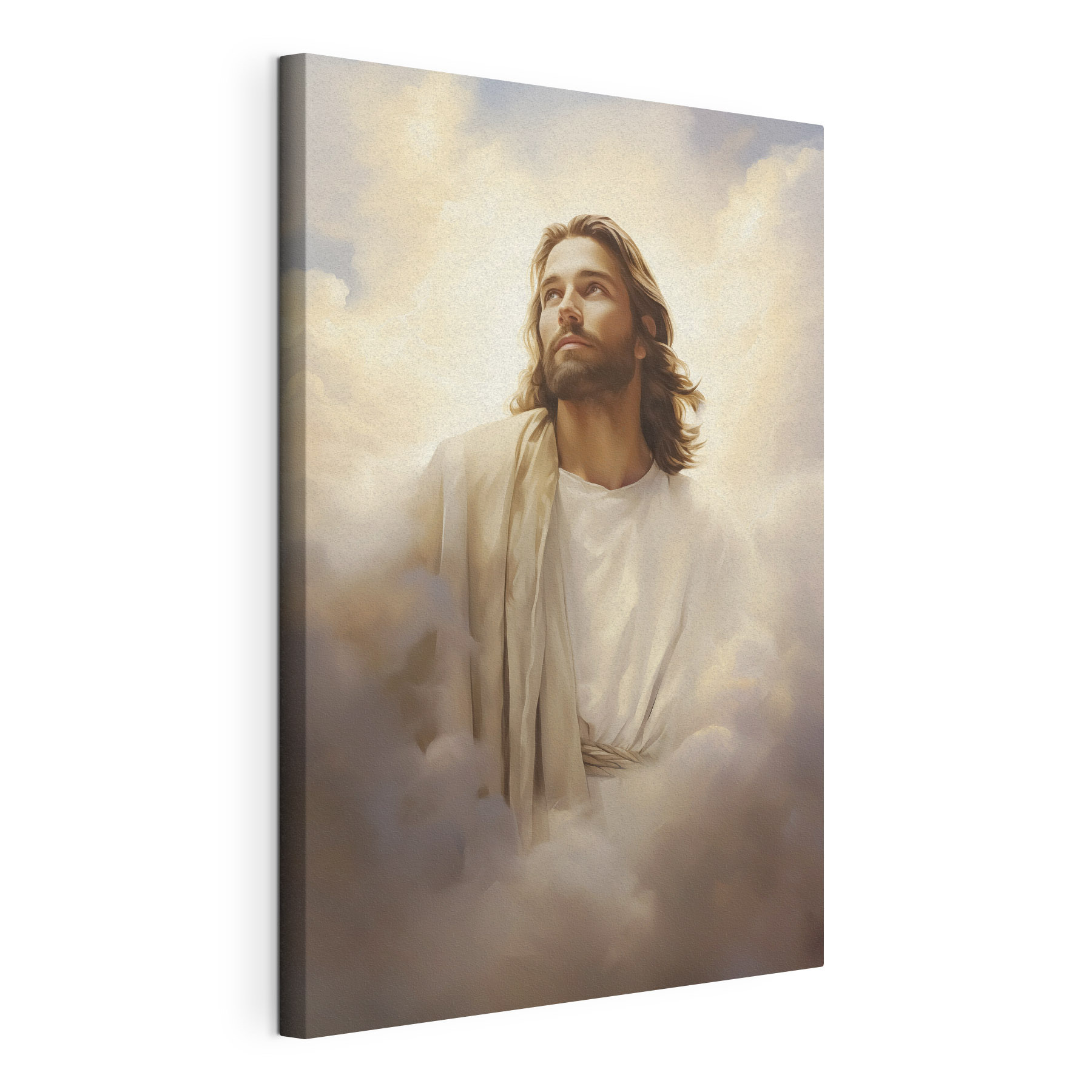 Man in white robe with clouds in the sky