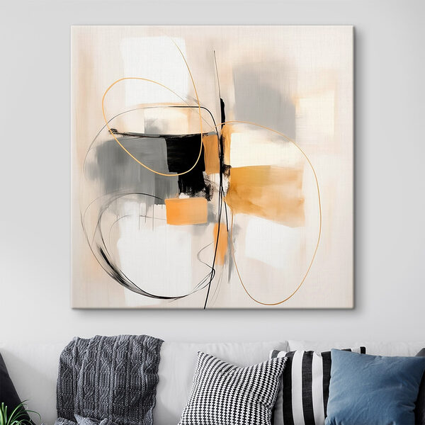 Wandbilder Gemälde einer weißen Wand mit schwarzen und gelben Kreisen und Linien