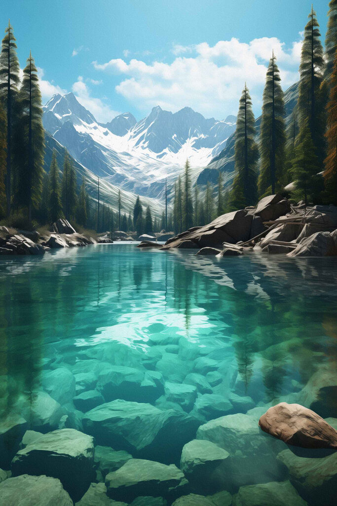 Bergsee mit Bäumen und Felsen Bergsee mit Bäumen und Felsen