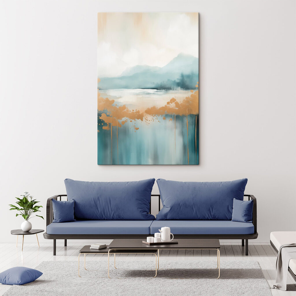 Painting of a lake with mountains in the background Painting of a lake with mountains in the background