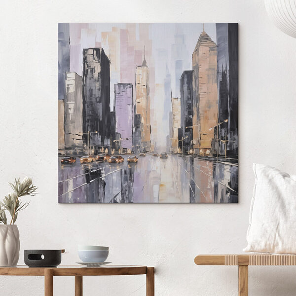Painting of a city street with cars and buildings