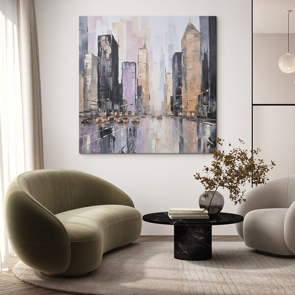 Painting of a city street with cars and buildings