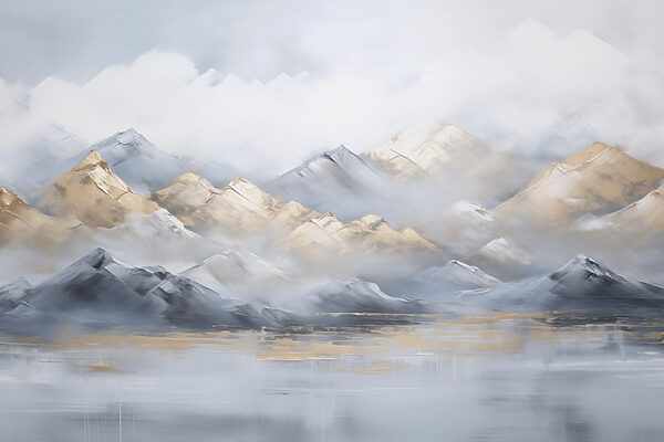 Painting of mountains and fog