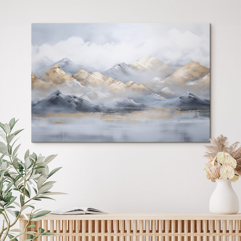 Painting of mountains and fog