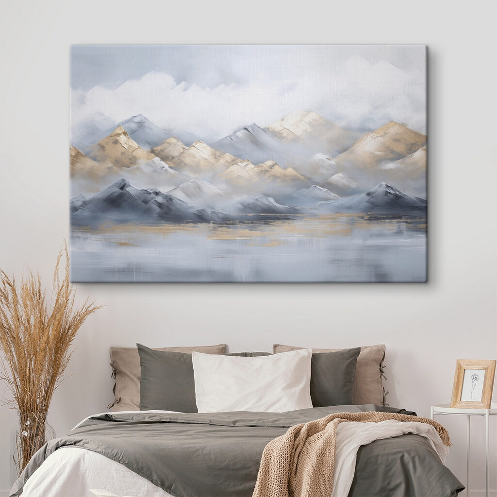Painting of mountains and fog