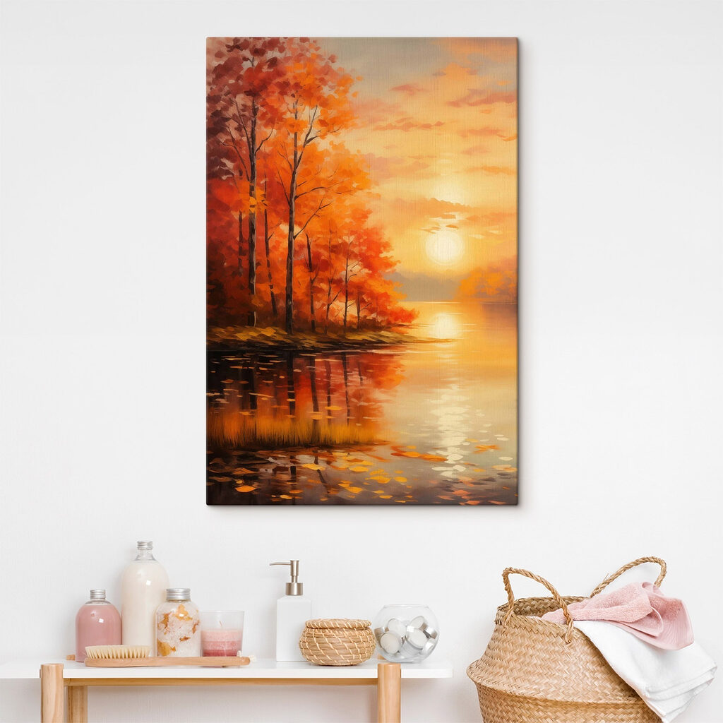 Painting of a lake with trees and orange leaves