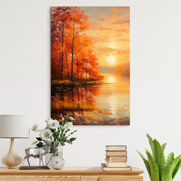 Painting of a lake with trees and orange leaves