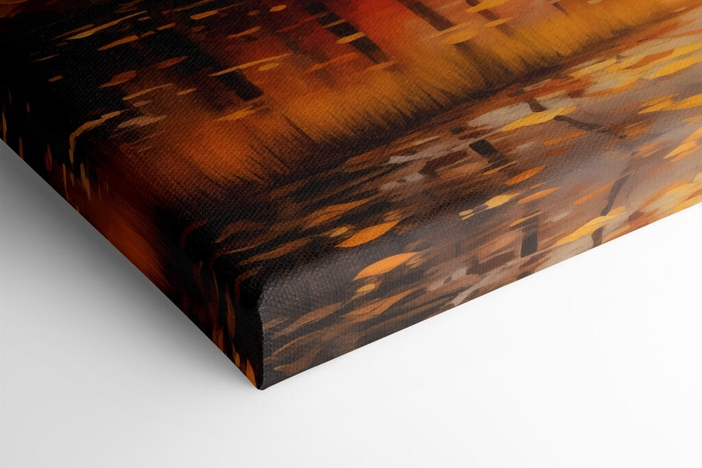 Painting of a lake with trees and orange leaves