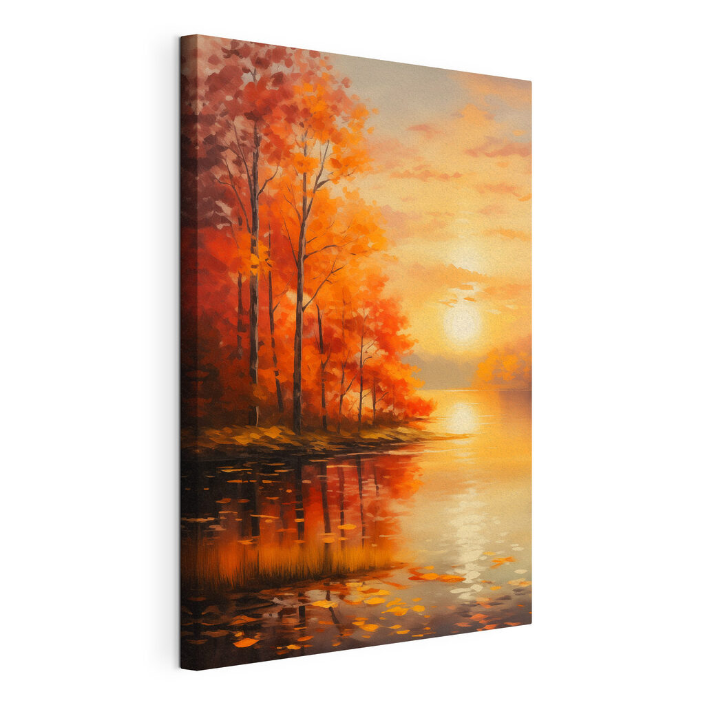 Painting of a lake with trees and orange leaves