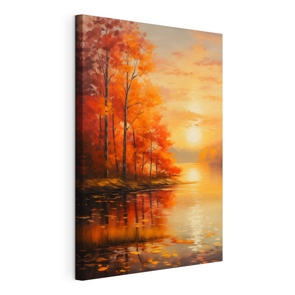 Wandbilder Wandbilder Gemälde eines Sees mit Bäumen und orangefarbenen Blättern (Artikelnummer: s46771)