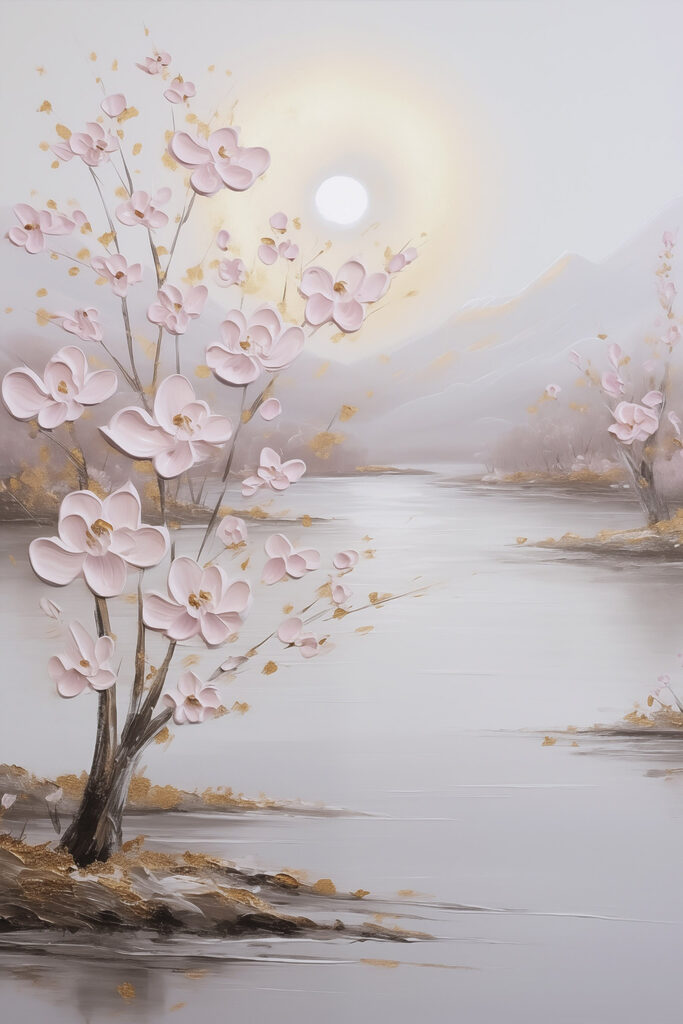 Painting of a tree with pink flowers