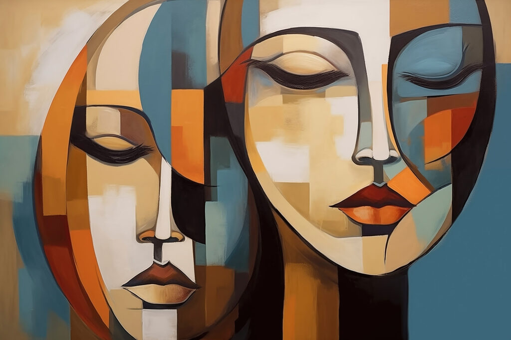 Painting of two women's faces Painting of two women's faces
