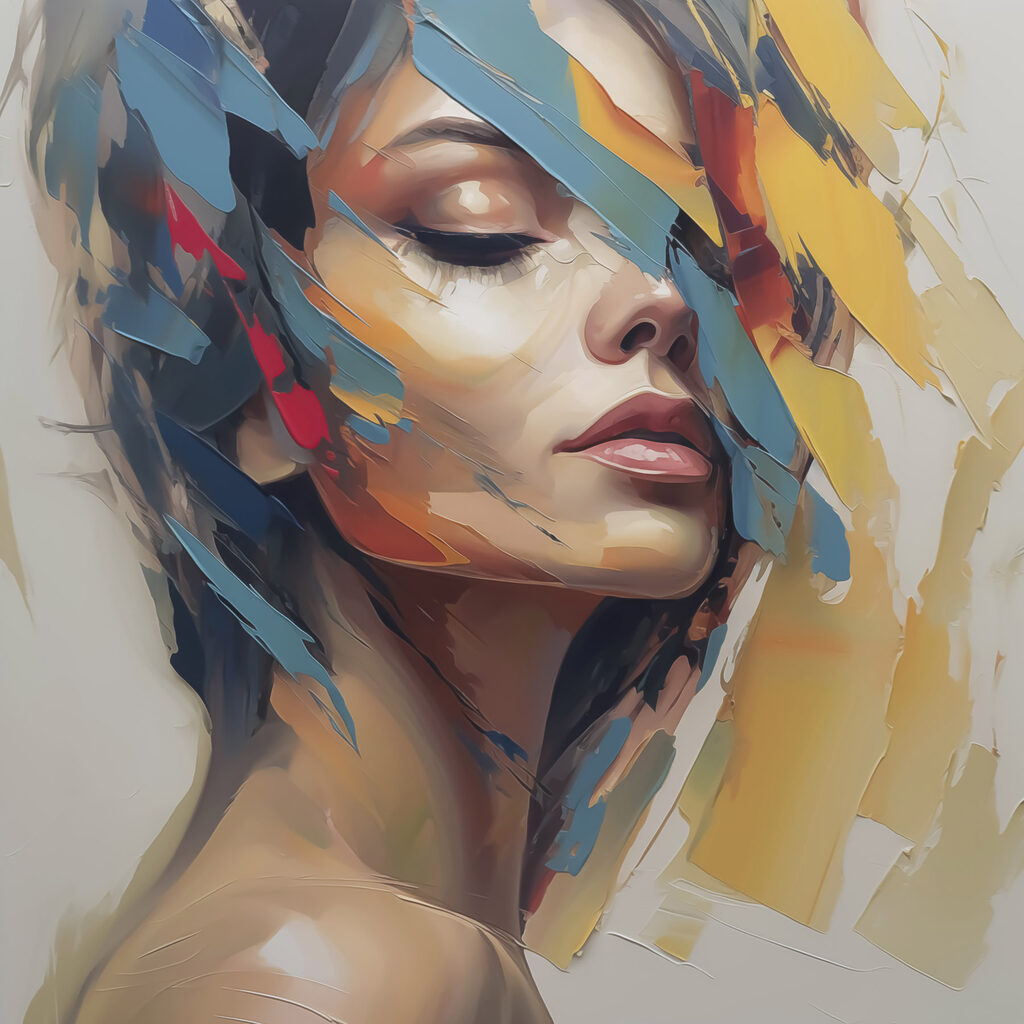 Painting of a woman with colorful paint on her face Painting of a woman with colorful paint on her face