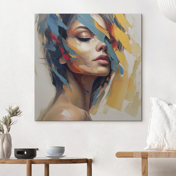 Painting of a woman with colorful paint on her face Painting of a woman with colorful paint on her face