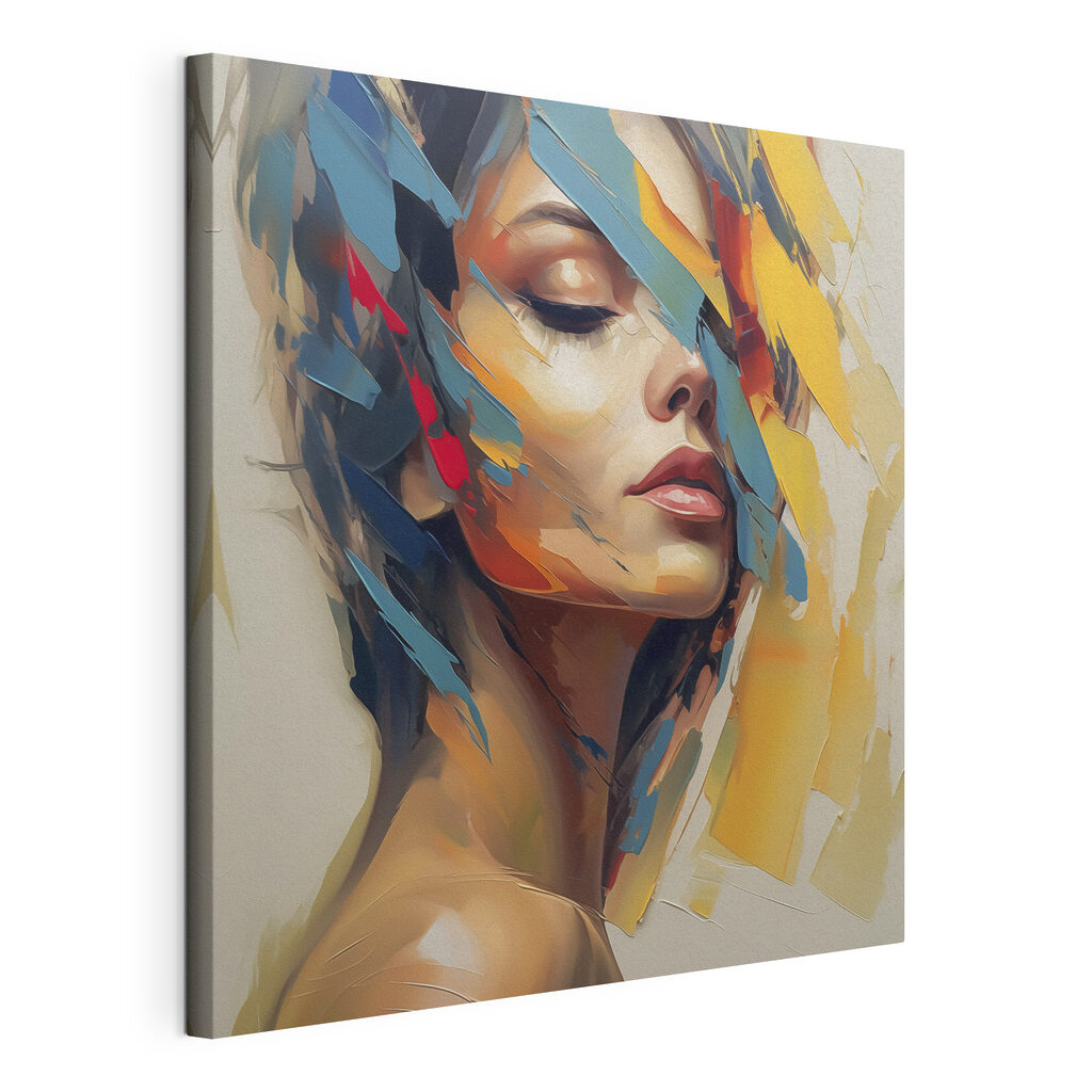 Painting of a woman with colorful paint on her face Painting of a woman with colorful paint on her face