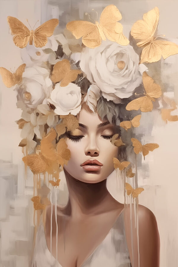 Painting of a woman with flowers and butterflies Painting of a woman with flowers and butterflies