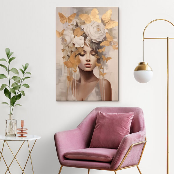 Painting of a woman with flowers and butterflies Painting of a woman with flowers and butterflies