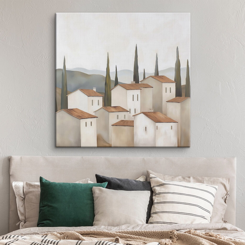 Group of white buildings with brown roofs and trees Group of white buildings with brown roofs and trees