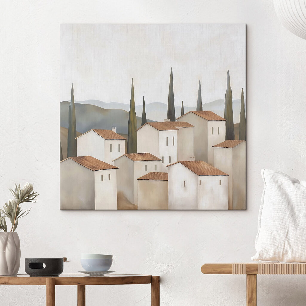 Group of white buildings with brown roofs and trees Group of white buildings with brown roofs and trees