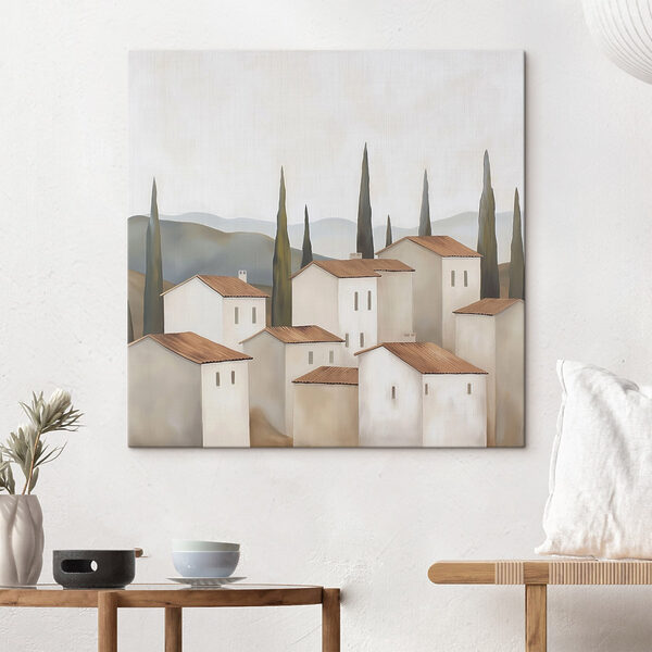 Group of white buildings with brown roofs and trees Group of white buildings with brown roofs and trees