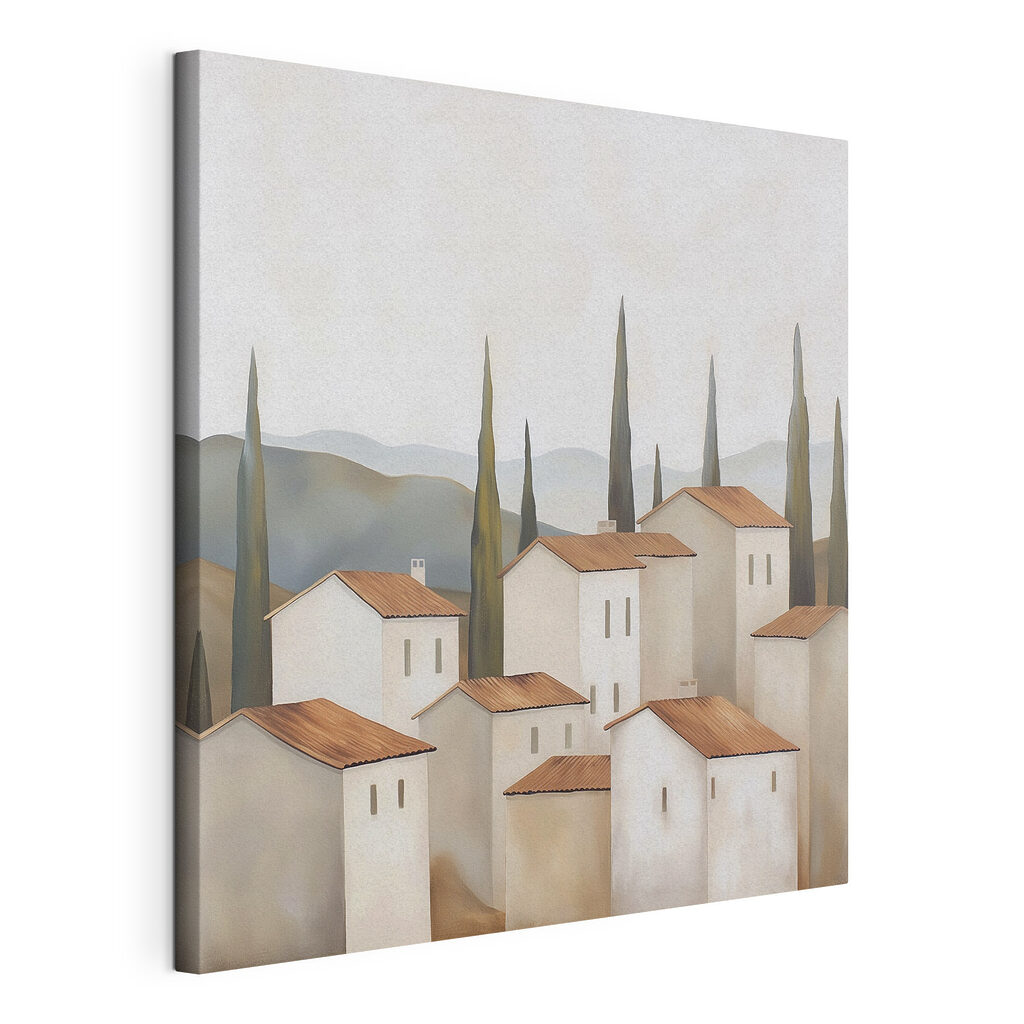 Group of white buildings with brown roofs and trees Group of white buildings with brown roofs and trees