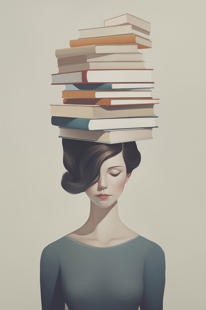 Woman with a stack of books on her head