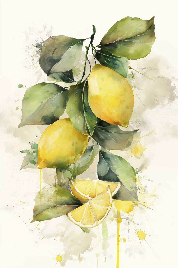 Aquarellbild mit Zitronen und Blättern