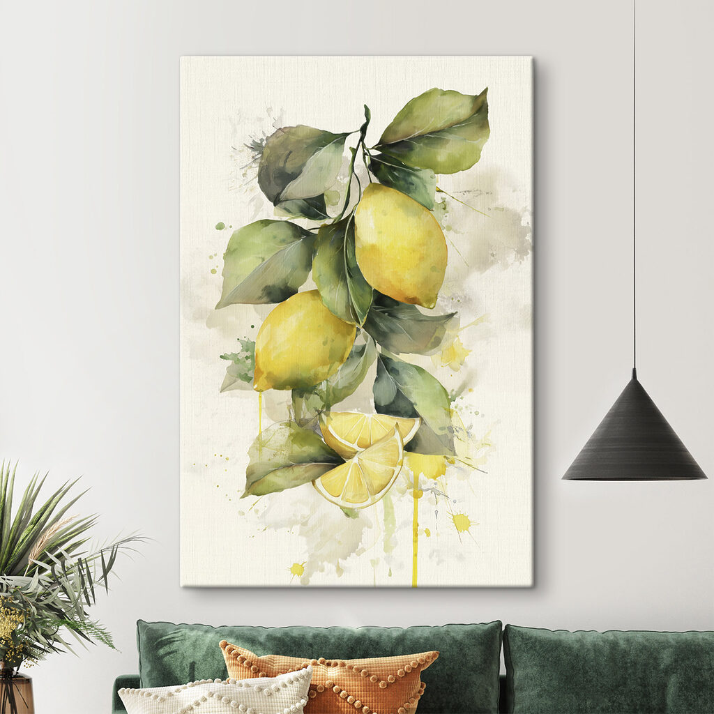 Watercolor painting of lemons and leaves