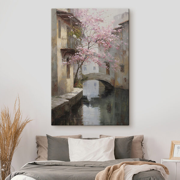 Painting of a river with a pink tree and a bridge
