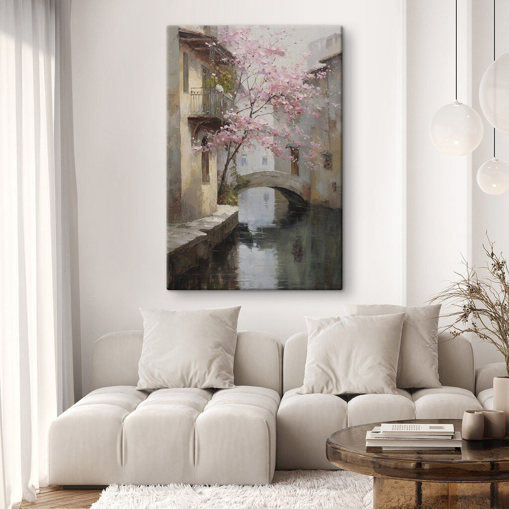 Painting of a river with a pink tree and a bridge