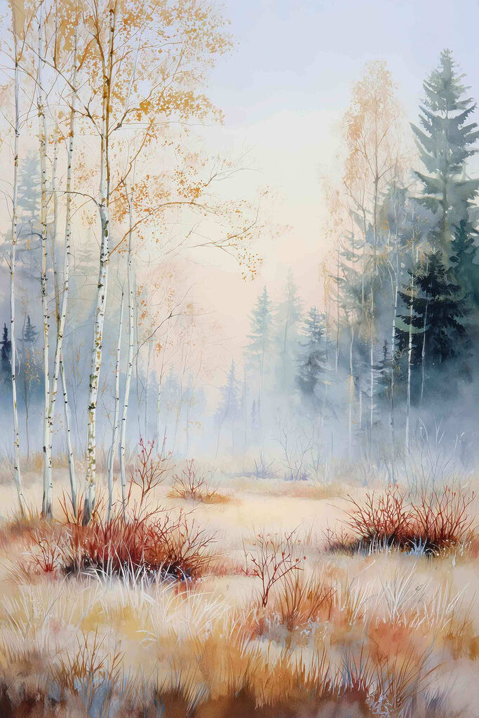 Painting of a forest with fog Painting of a forest with fog