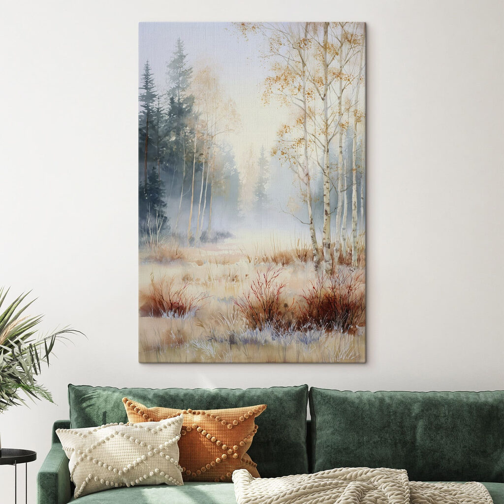 Painting of a forest with trees and fog
