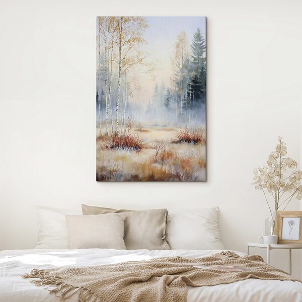 Painting of a forest with fog Painting of a forest with fog