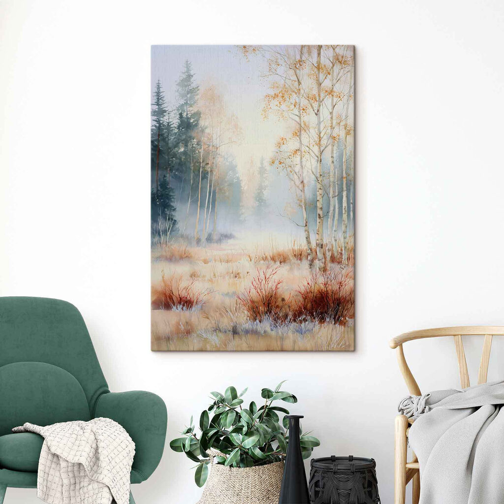 Painting of a forest with trees and fog