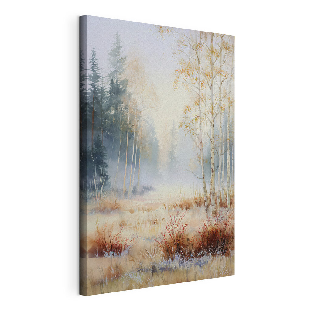 Painting of a forest with trees and fog
