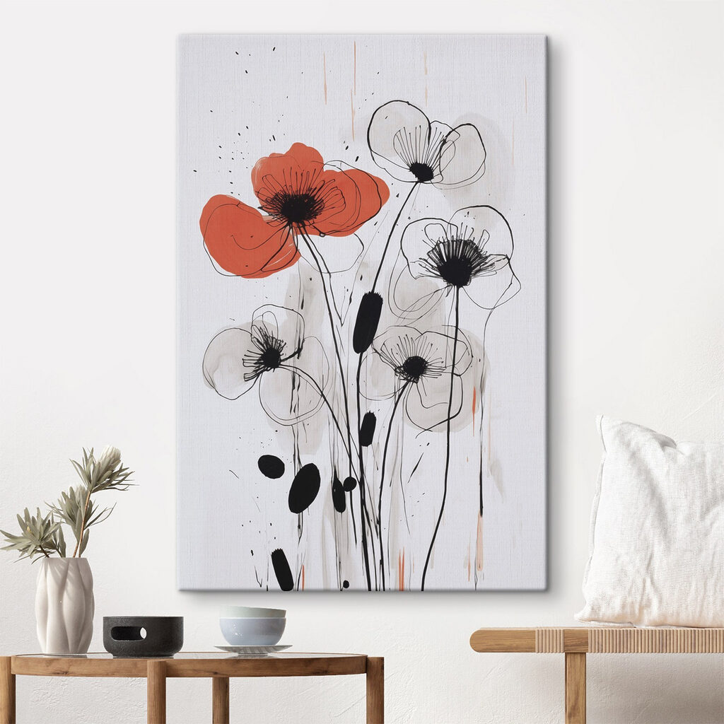 Painting of flowers with black and white ink