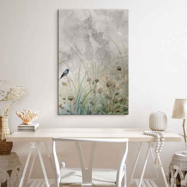 Bird on a branch in a field of grass Bird on a branch in a field of grass
