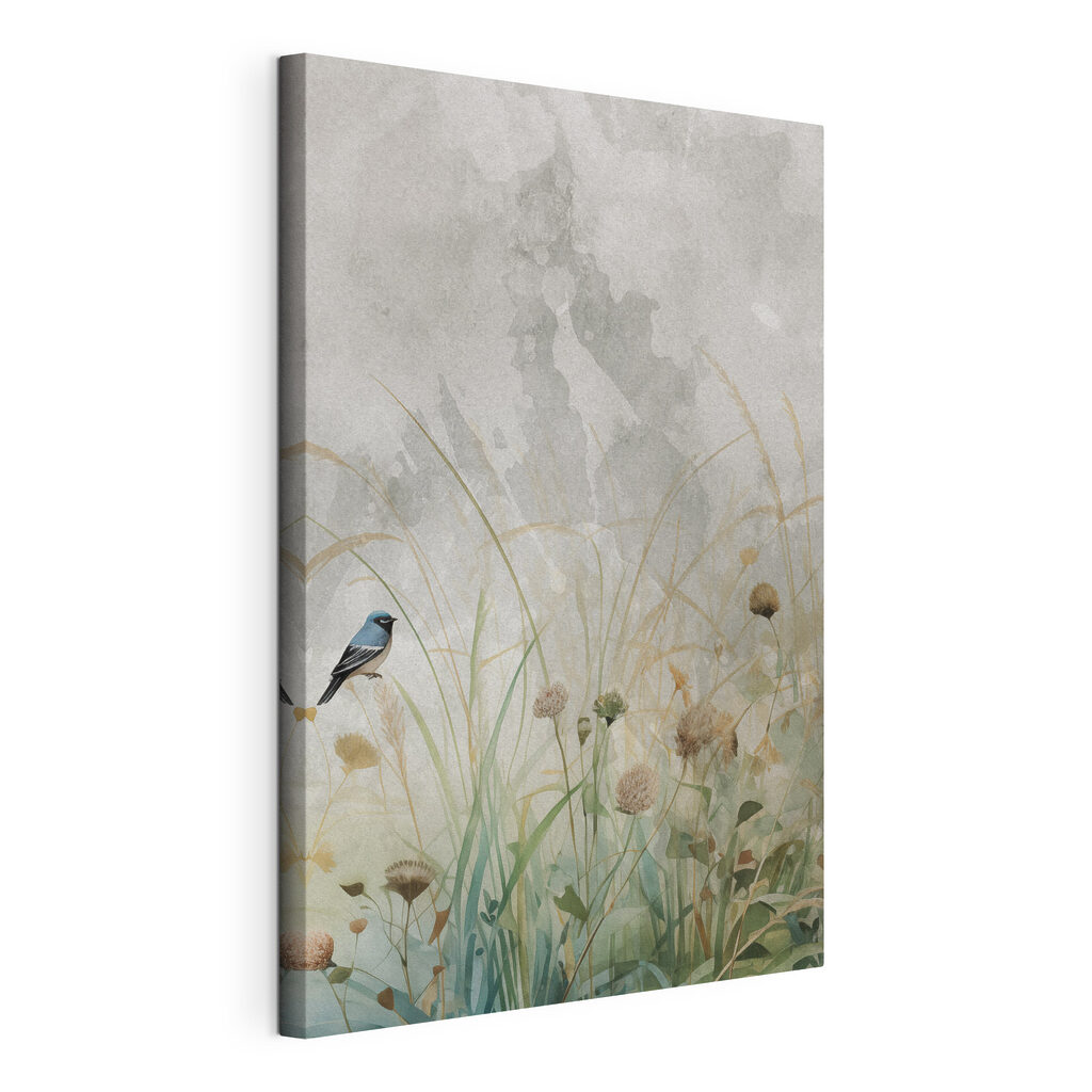 Bird on a branch in a field of grass Bird on a branch in a field of grass