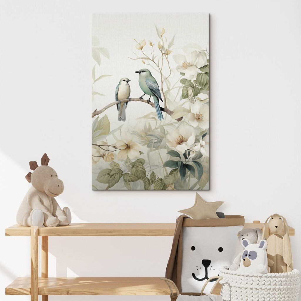 Two birds on a branch with flowers