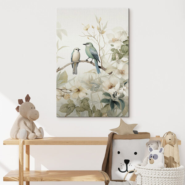 Two birds on a branch with flowers