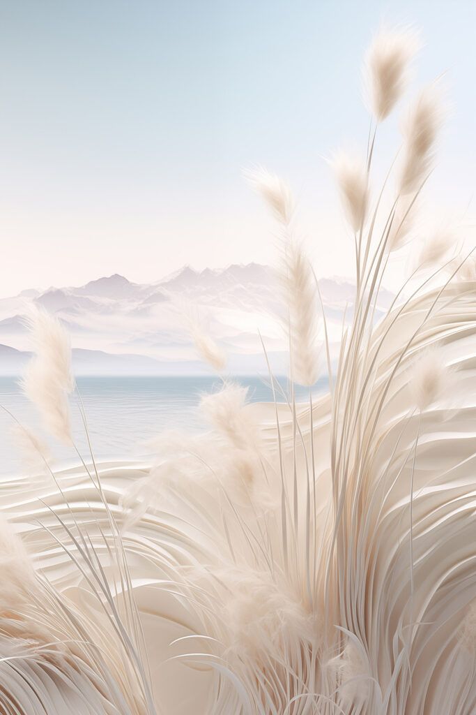 White grass with a mountain in the background White grass with a mountain in the background