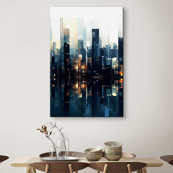 City skyline with lights reflecting in water City skyline with lights reflecting in water
